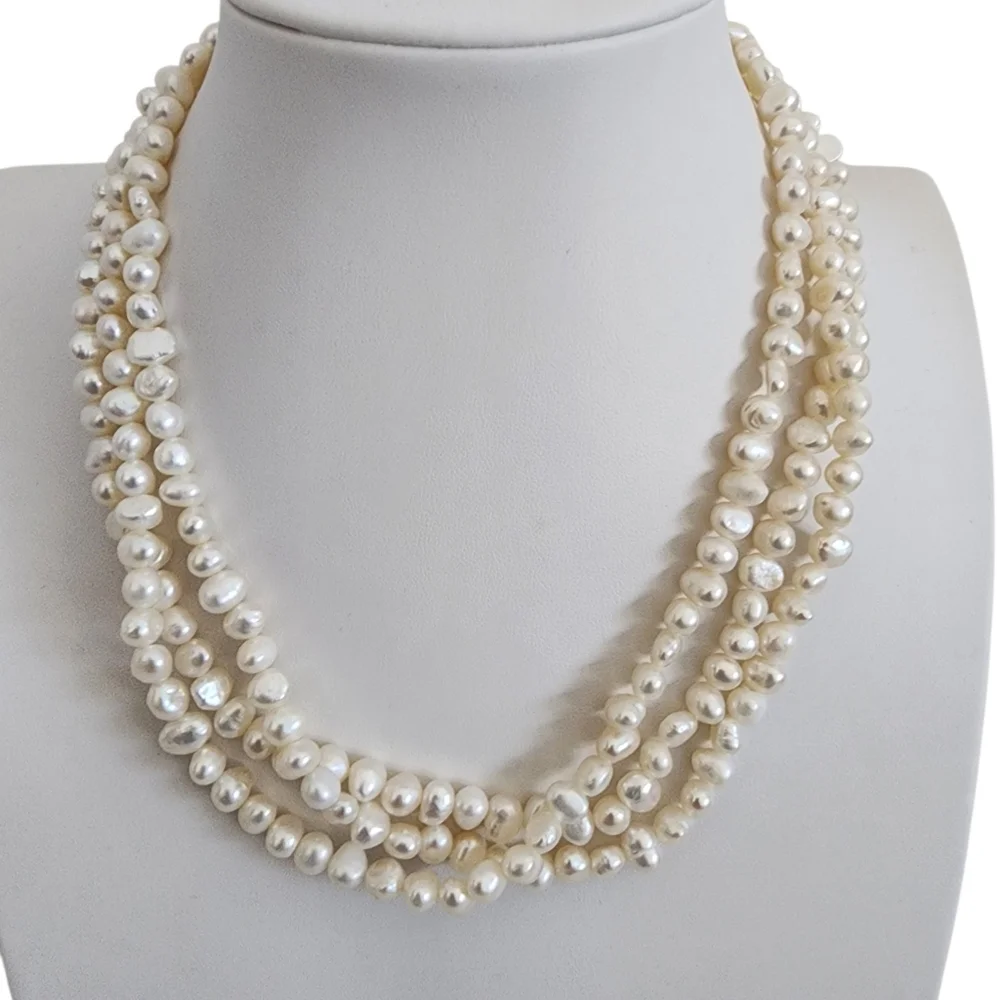 Pearl necklace multi strand genuine pearls 925 sterling silver clasp  A0387 Q7
